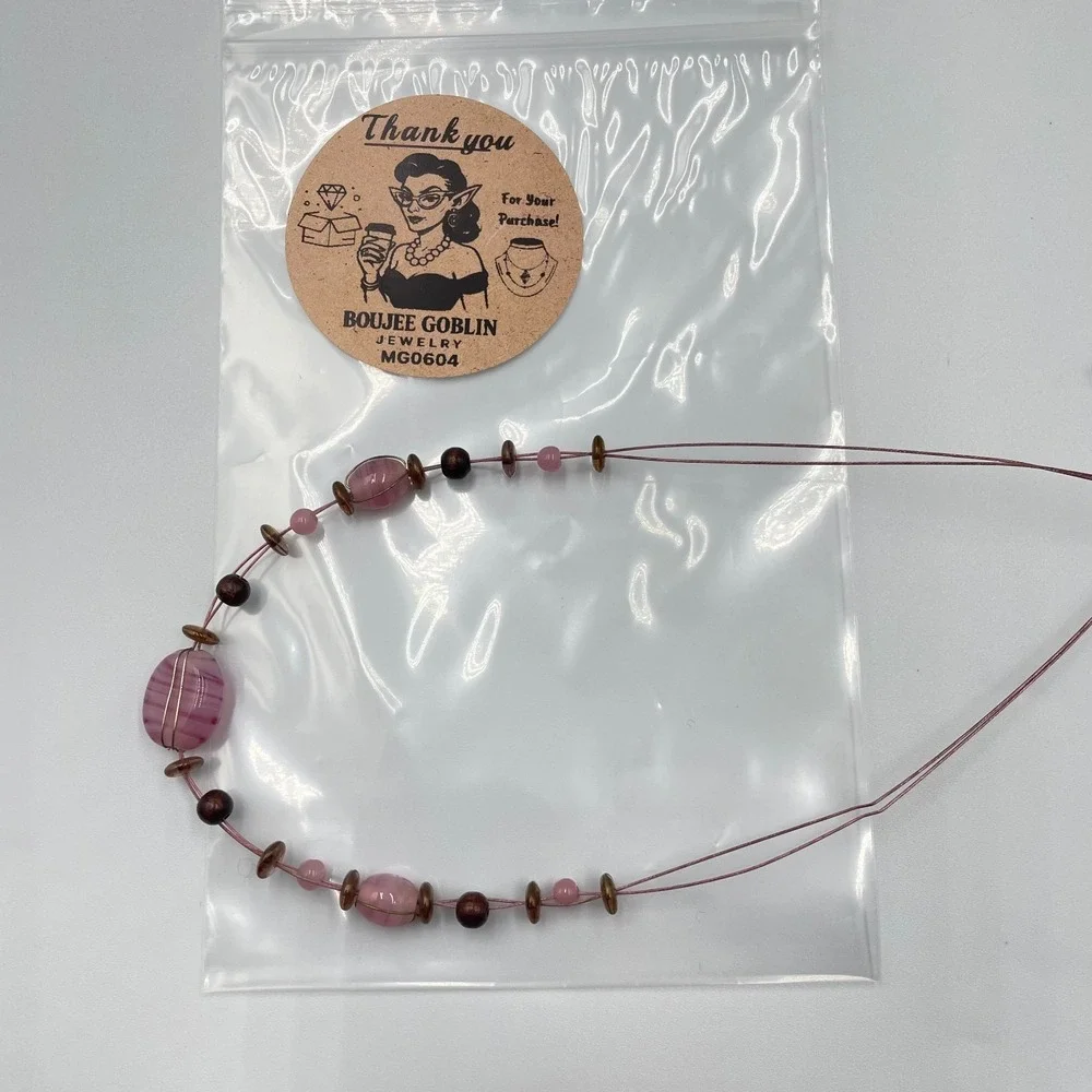 Vintage Y2K Pink Glass Illusion Necklace Floating Beaded Cord Mixed Stone Boho